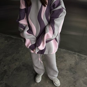 Lavender Wavy Patchwork Hoodie, Pastel Purple Grey Sweatshirt, Color Block Pullover, Roomova Streetwear