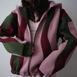 Wavy Patchwork Zip-Up Hoodie, Abstract Colorblock Sweatshirt, Y2k Streetwear Jacket, Roomova