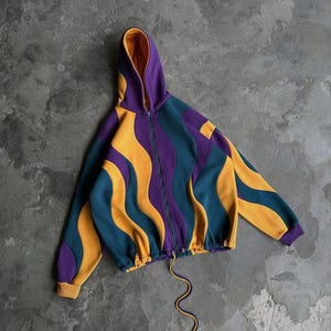 Wavy Full-Zip Hoodie, Patchwork Roomova Sweatshirt, Color Block Avant-Garde Jacket, Unisex Festival Outfit