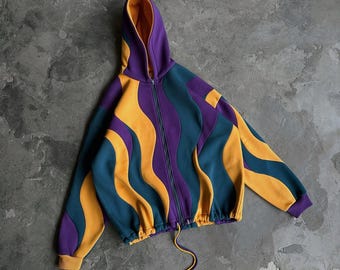 Abstrakter gewellter Patchwork Hoodie in königlichem Purpur, Ocker und Türkis mit lebhaftem Innenleben