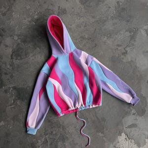 Wavy Colorful Cropped Art Statement Hoodie, Pink Blue Sweatshirt, Festival Outfit, Unique Roomova Streetwear image 1