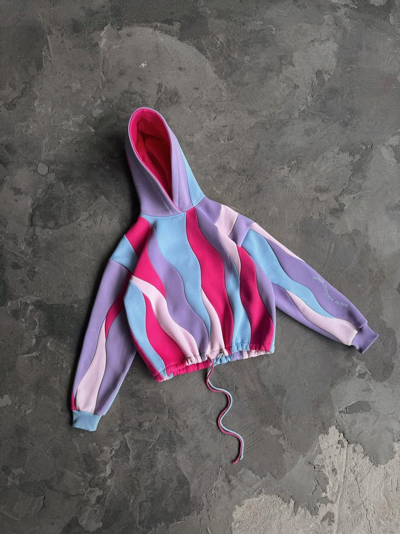 Wavy Colorful Cropped Art Statement Hoodie, Pink Blue Sweatshirt, Festival Outfit, Unique Roomova Streetwear image 1