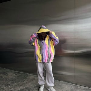 Zip-Up Wavy Patchwork Hoodie, Graphic Multi-Color Pastel Jacket, Handmade Color Block Zip Hoodie, Unique Abstract Streetwear, Sweatshirt