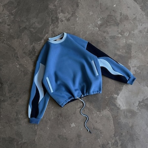 Wavy Custom Sweatshirt, Color Block Pullover, Patchwork Blue Crewneck Jumper, Roomova Sweatshirt, Handmade Oversized Streetwear