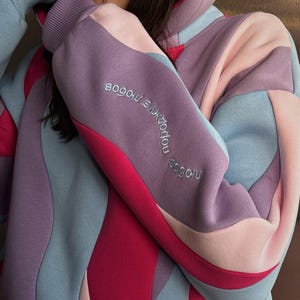 Wavy Colorful Cropped Art Statement Hoodie, Pink Blue Sweatshirt, Festival Outfit, Unique Roomova Streetwear image 9