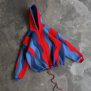 Wavy Patchwork Zip Up Hoodie, Red Blue Color Block Streetwear Jacket, Roomova Sweatshirt