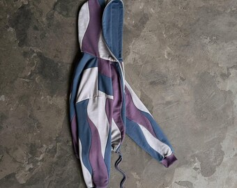 Gewellter Patchwork Zip Up Hoodie, Pflaumenblau Colorblock Jacke, Twilight Grau Samtweiches Sweatshirt