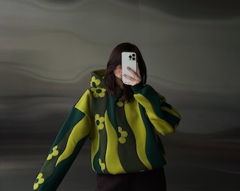 Übergroßer grüner und hellgrüner gewellter Hoodie mit integriertem Blumen-Patchwork