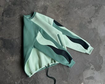 Oversized Mint und Waldgrün Sweatshirt mit Multidimensionale Wavy Patchwork