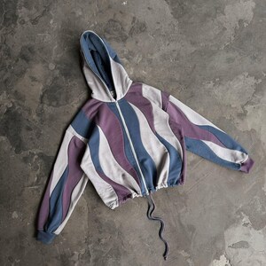 Patchwork Wavy Zip-Up Hoodie, Dusty Lavender Blue Swirl Jacket, Roomova Streetwear Jumper