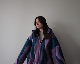 Kapuzenpullover in Pastellfarben mit Wellenmuster, abstrakter Streetwear-Pullover in Lila und Türkis