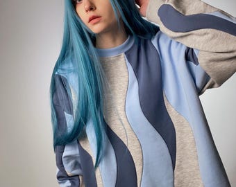 Gewellter blauer Trainingsanzug, übergroßes zweiteiliges Set, abstrakt gemusterter Sweatsuit, gemütliches Unisex Lounge Set