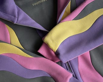 Übergroßer zweifarbiger Color-Block-Reißverschluss-Hoodie mit gewellten Patchwork-Akzenten