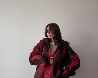 Wavy Red Flame Oversized Zip Hoodie, Streetwear Jacket, Avant Garde Sweatshirt, Roomova