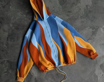 Oversized Blue and Amber Wavy Patchwork Hoodie with Full Front Zip