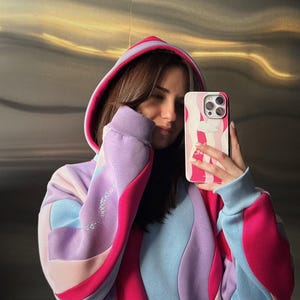 Wavy Colorful Cropped Art Statement Hoodie, Pink Blue Sweatshirt, Festival Outfit, Unique Roomova Streetwear image 12