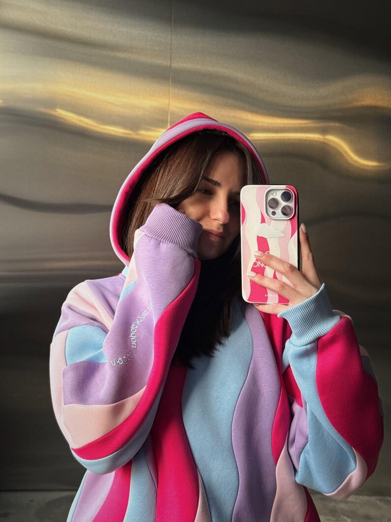 Wavy Colorful Cropped Art Statement Hoodie, Pink Blue Sweatshirt, Festival Outfit, Unique Roomova Streetwear image 12