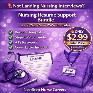 Può includere: Grafica viola che promuove un pacchetto di supporto per curriculum infermieristico. L'immagine include uno stetoscopio, un appunti con un curriculum, un camice con un badge RPN e testo come "Modelli di curriculum" e "Parole chiave ATS".