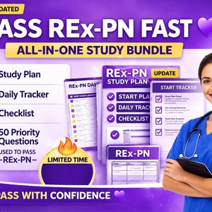 Op de afbeelding: Een advertentie voor een studiebundel om het REX-PN-examen te halen. De afbeelding toont een lachende vrouw in blauwe scrubs, een studieplan, een dagelijkse tracker, een checklist en 50 prioritaire vragen. De tekst luidt "Slaag snel voor REX-PN" en "Alles-in-één studiebundel."