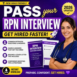 May include: A promotional image with text that reads "PASS your RPN INTERVIEW GET HIRED FASTER!" A smiling woman in blue scrubs is on the right. The image includes a book titled "RPN INTERVIEW SUCCESS GUIDE" and a sample question sheet.