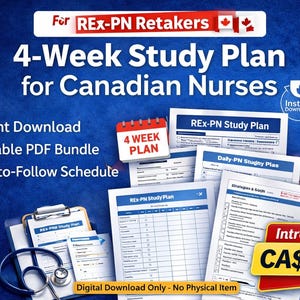 Może przedstawiać: Cyfrowy 4-tygodniowy plan nauki dla kanadyjskich pielęgniarek z tekstem "For REx-PN Retakers". Plan obejmuje natychmiastowe pobranie, pakiet PDF do wydruku i łatwy do naśladowania harmonogram. Widoczny jest również stetoskop i schowek.