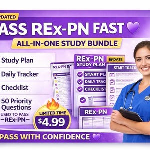May include: An advertisement for a study bundle to pass the REX-PN exam. The image features a smiling woman in blue scrubs, study materials, and the text "PASS REX-PN FAST" and "ALL-IN-ONE STUDY BUNDLE". The bundle includes a study plan, daily tracker, checklist, and 50 priority questions.