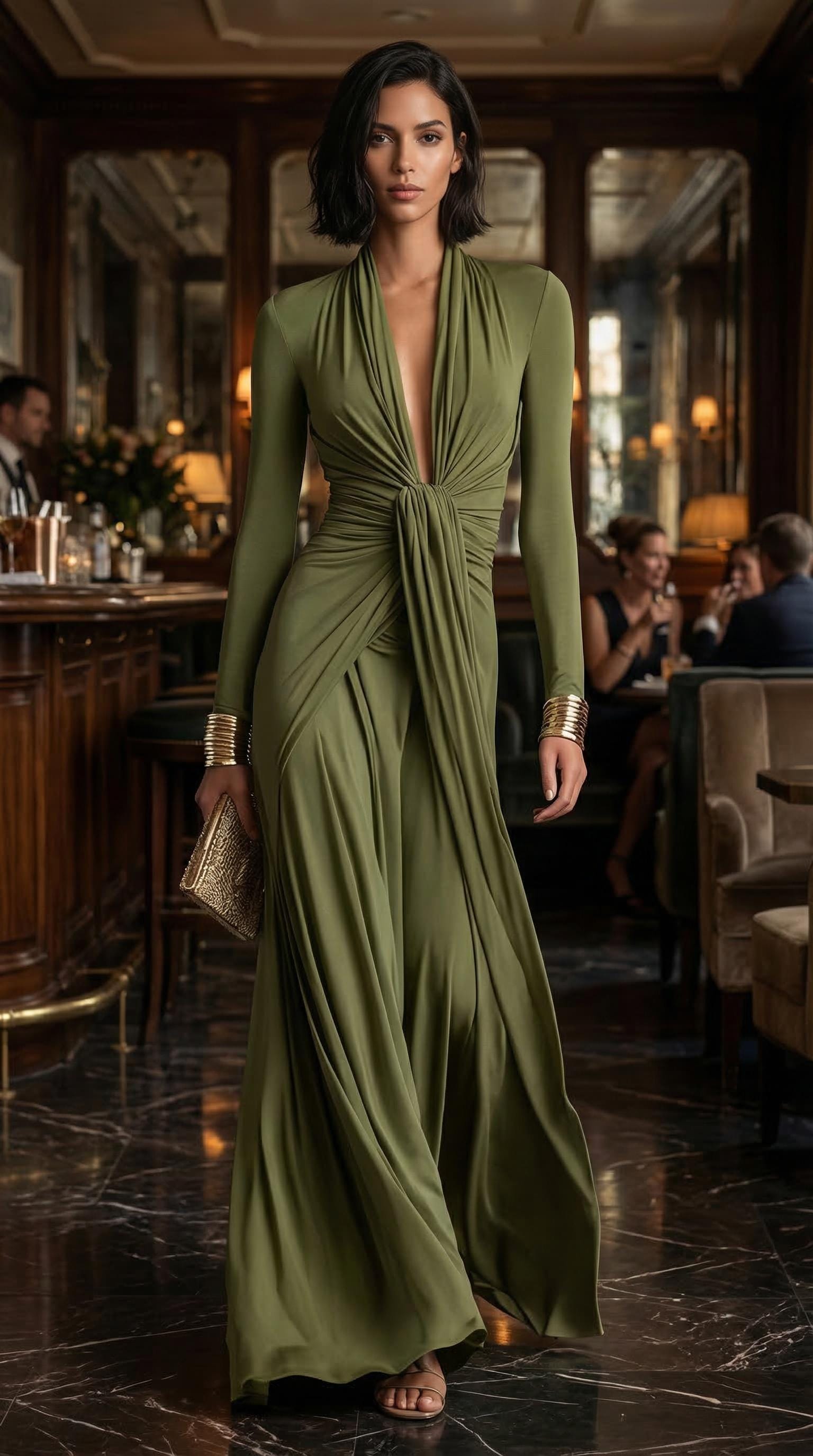 open lace back dress Elegant Olive Green Pleated Fitted Dress for Women main image 1