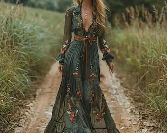 Abito lungo floreale ricamato, maniche lunghe in stile boho, outfit autunnale in stile cottagecore