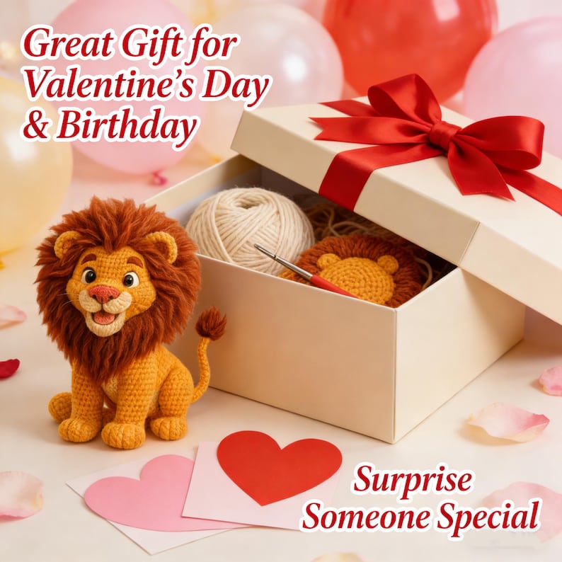 May include: A crocheted lion toy with a brown mane and yellow body sits next to a gift box tied with a red bow. The box contains yarn and a crocheted lion head. Text reads "Great Gift for Valentine's Day & Birthday" and "Surprise Someone Special."
