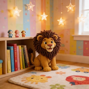 May include: A crocheted lion toy with a brown mane and a smiling face sits on a patterned rug. The room features a bookshelf with colorful books, star-shaped lights, and a pastel rainbow wall. Three small figurines are on the shelf.