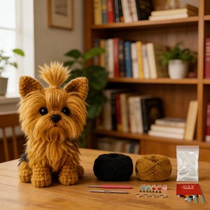 May include: A crocheted Yorkshire Terrier dog with a fluffy, light brown coat and black eyes. The dog sits on a wooden table next to black and tan yarn balls, crochet hooks, and a DIY kit with small accessories.