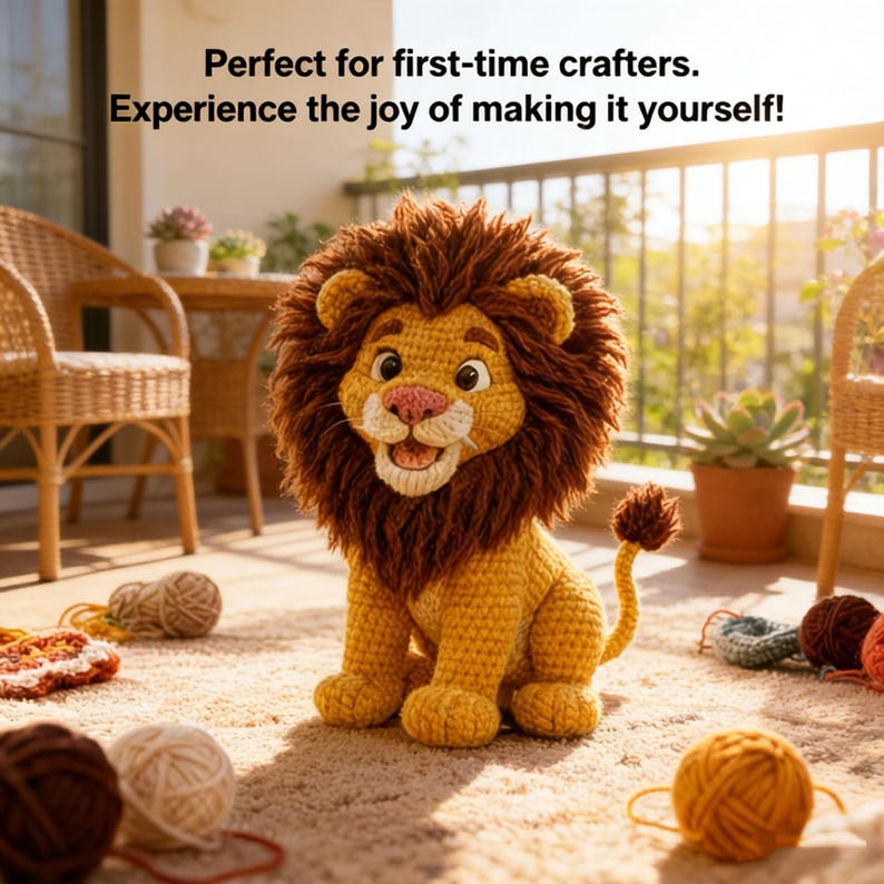May include: A crocheted lion with a yellow body and a brown mane and tail. The lion is sitting on a rug with yarn balls scattered around. Text on the image reads: "Perfect for first-time crafters. Experience the joy of making it yourself!"