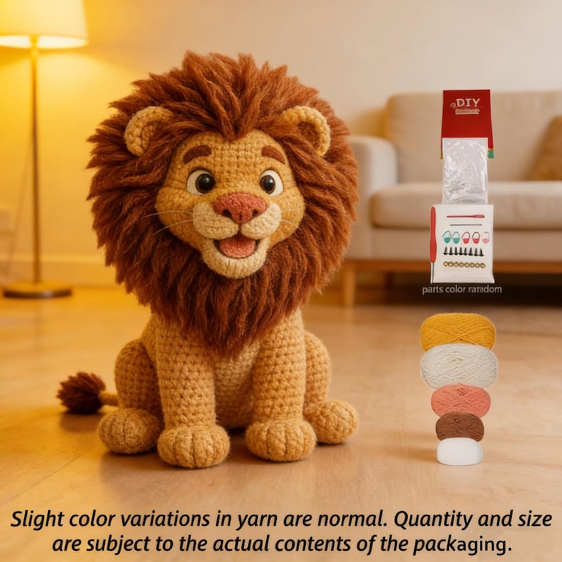 May include: A crocheted lion with a brown mane and a smiling expression. The lion is sitting on a wooden surface. The image also shows a DIY kit with yarn in various colors, including yellow, white, peach, and brown. The text in the image says "DIY".