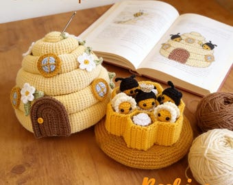 Cute Beehive & Bees Crochet Kit for Beginners | DIY Amigurumi Bee Hive Craft Set with All Materials Included | Whimsical Home Decor Gift