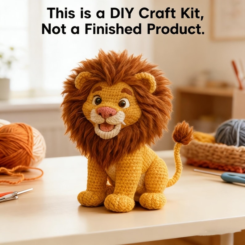 May include: A crocheted lion with a brown mane, yellow body, and pink nose sits on a table. The text above reads: "This is a DIY Craft Kit, Not a Finished Product."