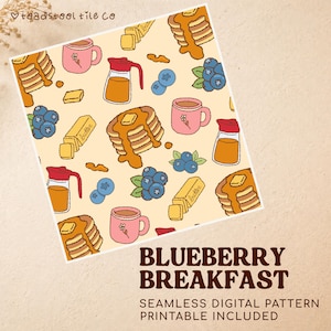 Blueberry Breakfast Pattern, Seamless Digital Paper, Cozy Pancake Pattern, Kitchen Food Design, JPG PNG, Printable Included