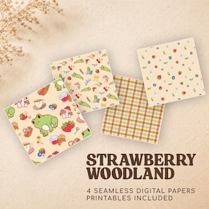 Puede incluir: Cuatro papeles digitales cuadrados con patrones caprichosos. Los diseños incluyen fresas, ranas, setas y cuadros. El texto "STRAWBERRY WOODLAND" y "4 SEAMLESS DIGITAL PAPERS PRINTABLES INCLUDED" se muestra en la imagen.