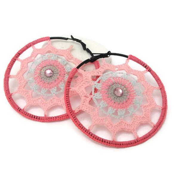 Crochet hoop earrings - Crochet jewelry - Big earrings - Pastel colors - Fashion jewelry - Gift idea