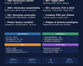 Guia de Referência Rápida do Excel PRO · 8 Planilhas · Fórmulas em Francês + Tabelas Dinâmicas, Formatação Condicional, Power Query · Download Imediato