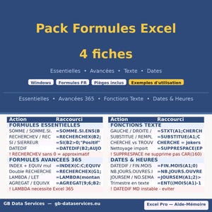 Pack Formules Excel · 4 Fiches · Essentielles Avancées Texte Dates · Formules en Français · Téléchargement immédiat