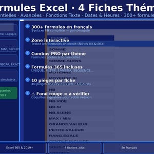 Excel Formulas Pack · 4 Sheets · Essential, Advanced, Text, Dates · Formulas in French · Instant Download