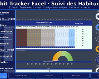 Strumento di monitoraggio delle abitudini in Excel · Monitoraggio delle abitudini · Dashboard annuale · 12 mesi · Obiettivi giornalieri · Download immediato