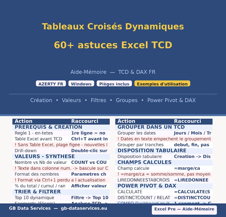 May include: A blue educational reference card titled Tableaux Crois&eacute;s Dynamiques 60+ astuces Excel TCD. It features technical shortcuts and tips for Excel pivot tables, including sections on creation, values, filters, groups, and Power Pivot and DAX.
