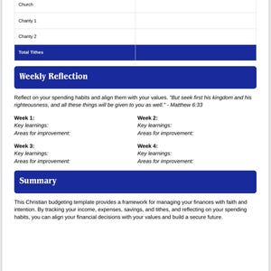 May include: A white budgeting template with blue accents, designed for financial tracking, weekly reflections, and a summary. Includes sections for organization, amount given, and key learnings. Features Bible verses.