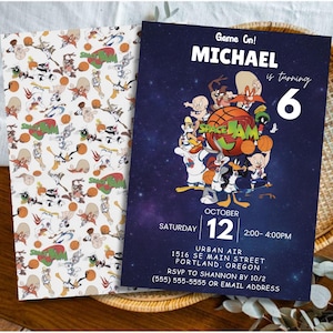 May include: A birthday invitation featuring Space Jam characters against a dark blue galaxy background. The invitation includes the name "MICHAEL", the age "6", and event details. A matching patterned paper with cartoon characters and basketballs is also visible.