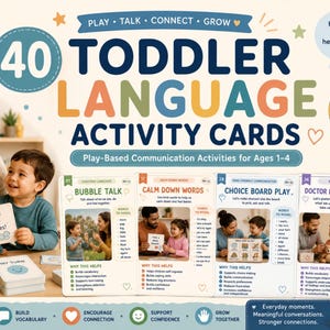 May include: A set of 40 Toddler Language Activity Cards for ages 1-4, featuring play-based communication activities. The image shows a mother and child interacting with the cards, which focus on building vocabulary and encouraging connection. The cards are speech and language inspired.