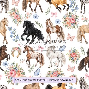 May include: A seamless digital pattern featuring various horses in black, white, brown, and tan, interspersed with pink and blue floral bouquets, butterflies, and bows. The text Cheyanne's CRAFTY CREATIONS and SEAMLESS DIGITAL PATTERN • INSTANT DOWNLOAD appear.