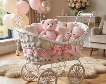 Wicker Pram Gift Basket, Empty Baby Shower Hamper, New Mum Gift, Newborn Girl Gift Basket Nursery Storage Basket Christening Decor