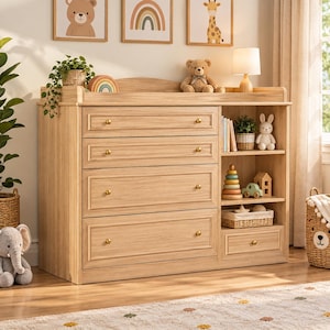 May include: A light wood changing table dresser featuring four large drawers with small gold knobs, an open shelving unit on the right side with three shelves, and one small bottom drawer. The unit has a flat top surface with raised edges.