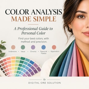 Pode incluir: Um guia de análise de cores intitulado COLOR ANALYSIS MADE SIMPLE, A Professional Guide to Personal Color. Inclui um leque de amostras de cores, uma pessoa drapeada com tecidos de várias cores e etiquetas de texto para Undertone, Value, Chroma, Seasonal Palette e Application. Por DIGITAL ONE SOLUTION.